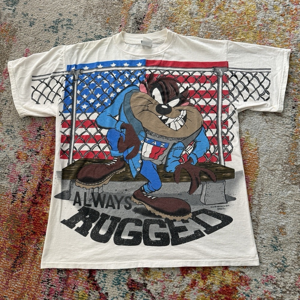 Vintage Taz Always Rugged T shirt Flag TH Freeze 1995 90s Looney Tunes Mens  L